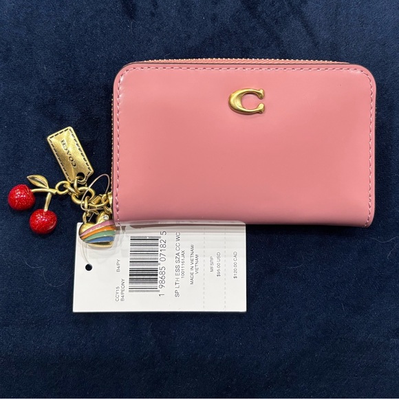 COACH Essential Spazzolato Leather Zip-around Card Case w/ Charms, peony, cherry - Picture 5 of 15